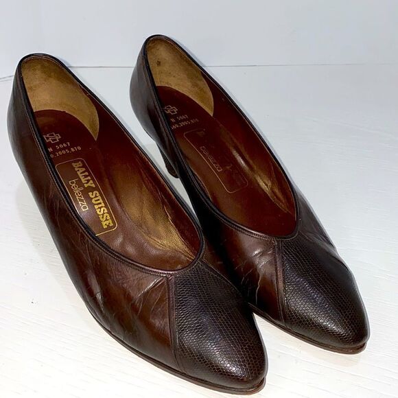 Bally Suisse Bellezza Brown Luxury Leather Snake Print Design Point Toe Pumps - Picture 1 of 17